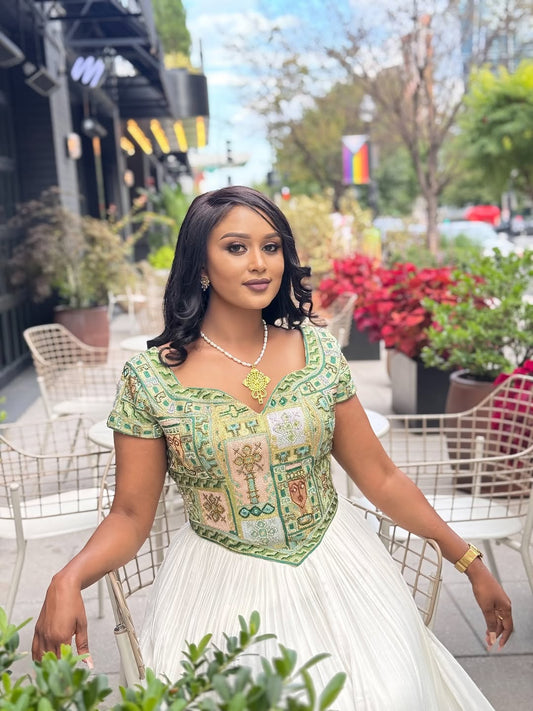 Green Detailed Design Habesha Kemis Colorful Embroidery Ethiopian Dress Luxurious Habesha Dress For Wedding 0052