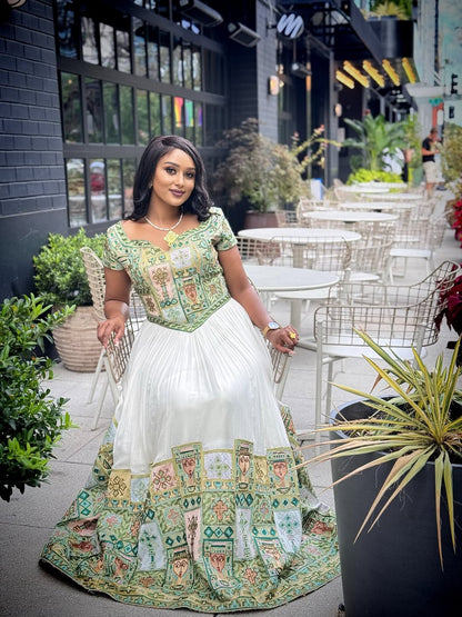 Green Detailed Design Habesha Kemis Colorful Embroidery Ethiopian Dress Luxurious Habesha Dress For Wedding 0052