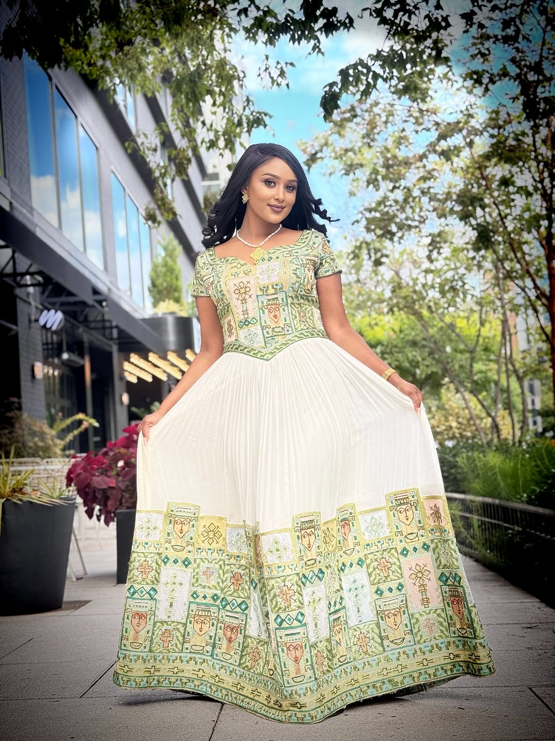 Emerald Green Ethiopian Habesha Kemis – Hand-Embroidered Cultural Dress