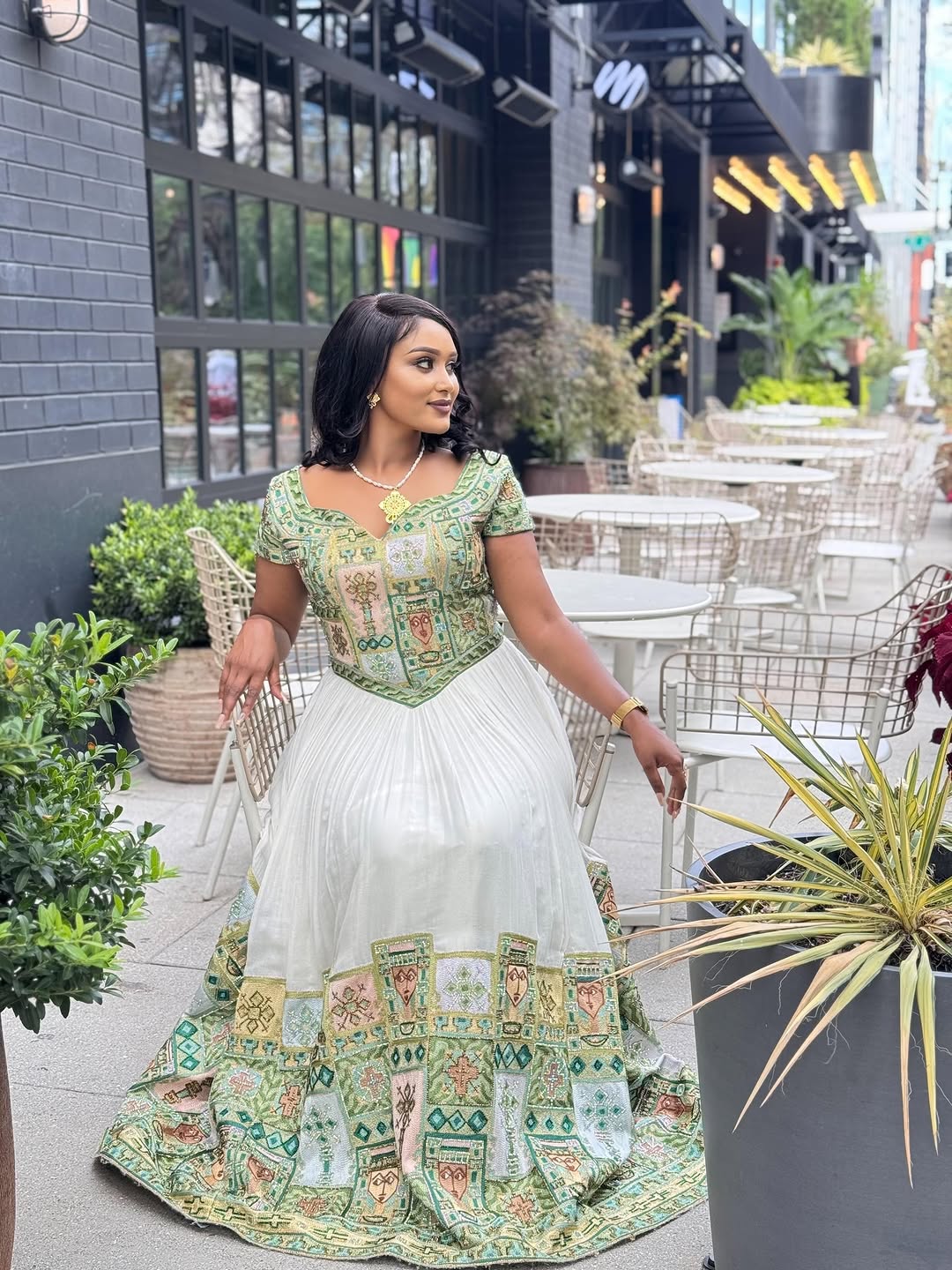 Green Detailed Design Habesha Kemis Colorful Embroidery Ethiopian Dress Luxurious Habesha Dress For Wedding 0052