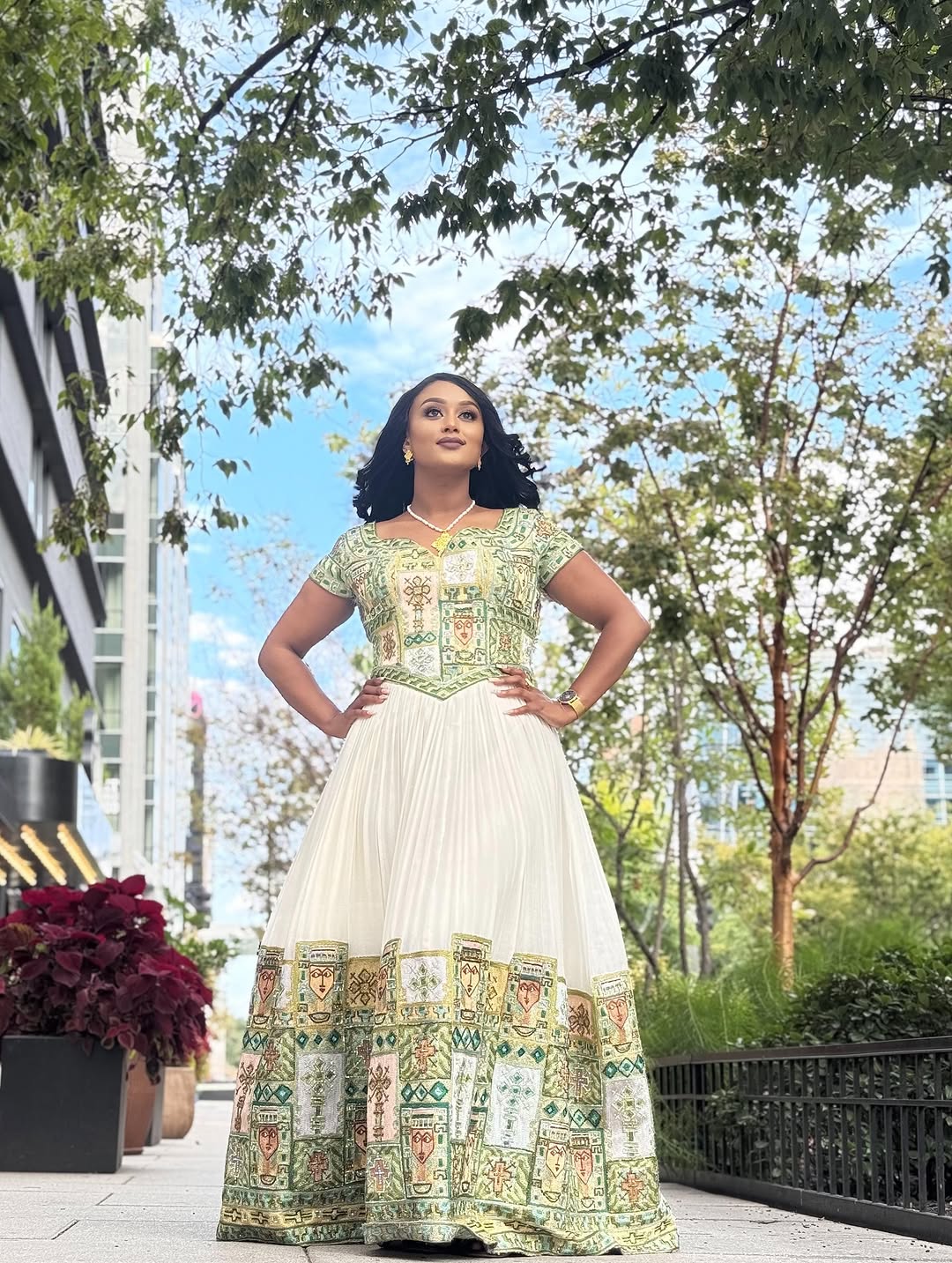 Green Detailed Design Habesha Kemis Colorful Embroidery Ethiopian Dress Luxurious Habesha Dress For Wedding 0052
