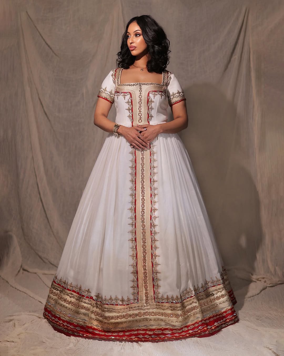 Elegant Ethiopian Wedding Dress White & Red Habesha Kemis  Gorgeous Design Habesha Dress For Wedding 0053