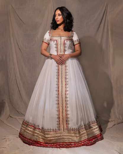 Elegant Ethiopian Wedding Dress White & Red Habesha Kemis  Gorgeous Design Habesha Dress For Wedding 0053
