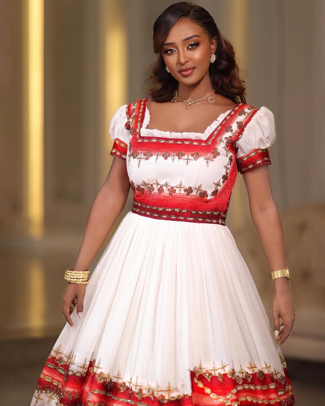 Luxurious Ethiopian Wedding Dress Red & Gold Tibeb Embroidery Habesha Dress Short Sleeve Habesha Kemis 0055