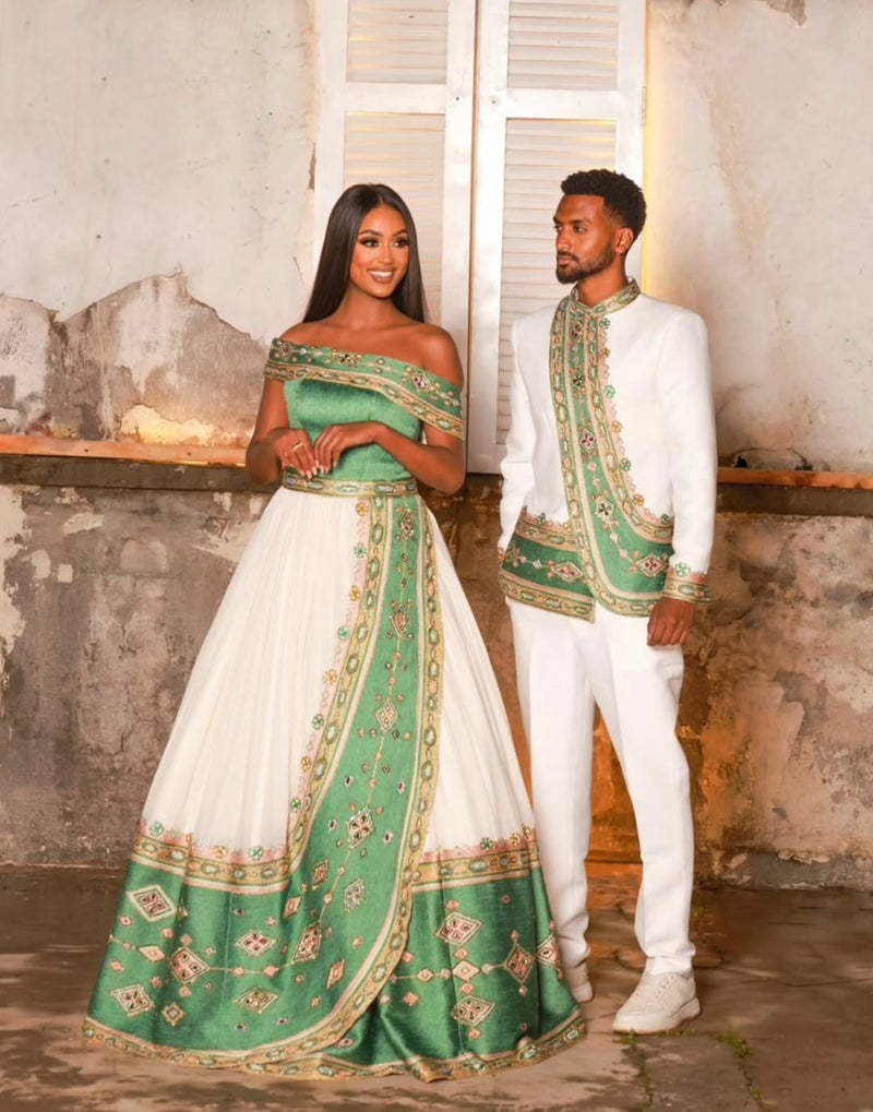 Ethiopian Couple's Outfit elegant Habesha matching set