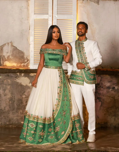 Elegant Ethiopian Couple’s Outfit Habesha Kemis & Men’s Suit Set Green & Gold Tibeb Habesha Couple's Wear Ethiopian Couple's Clothing 0056