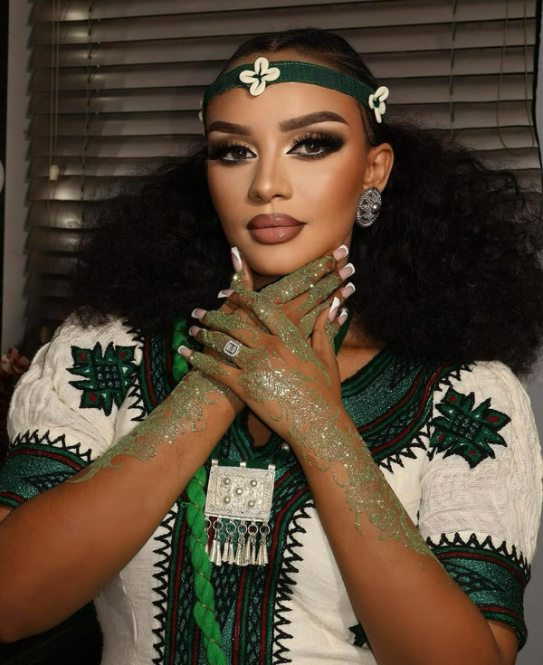 Stunning White & Green Traditional Ethiopian Dress  Hand-Embroidered Habesha Kemis Authentic Habesha Dress For Special Events 0062