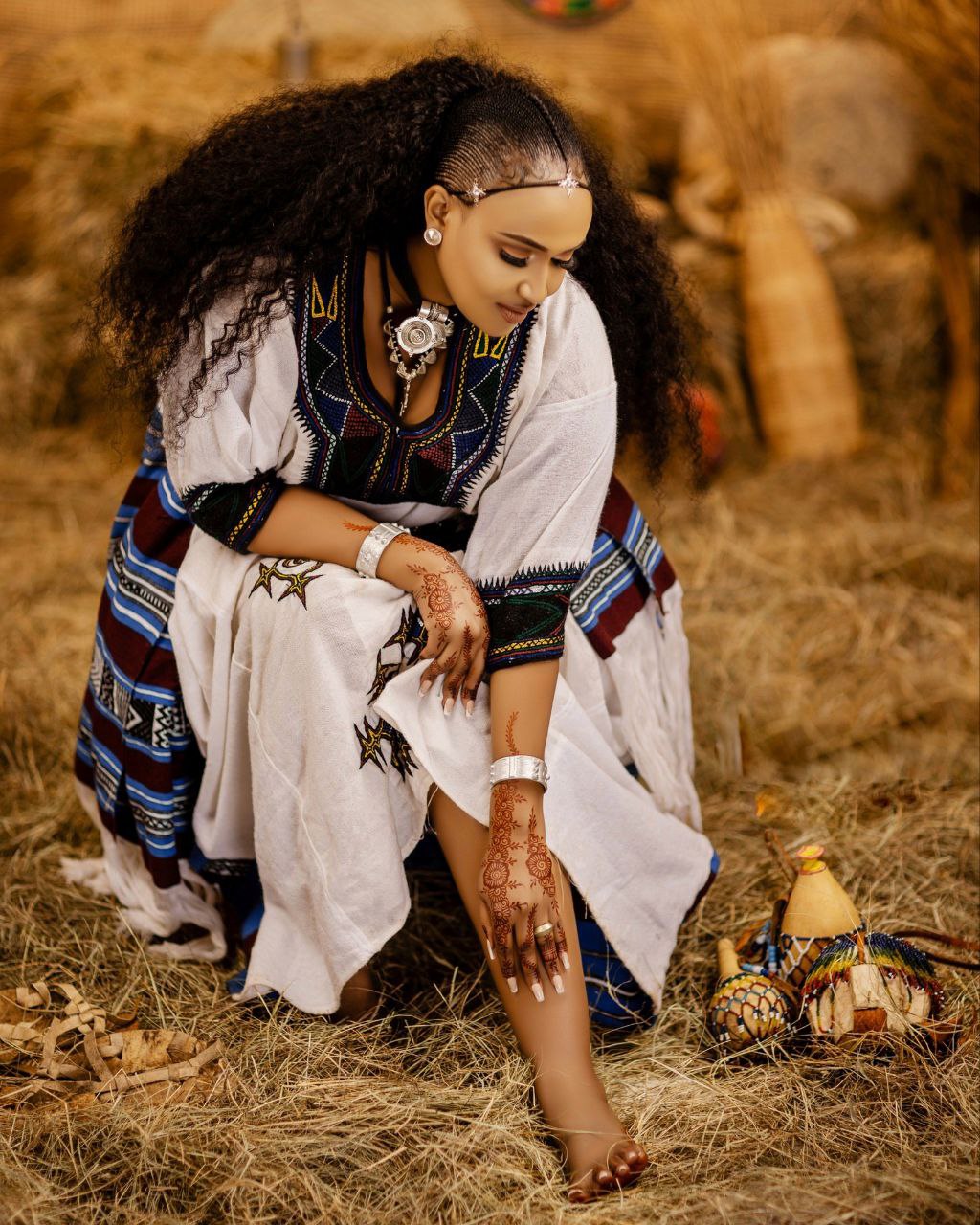Traditional White Ethiopian Dress Blue & Yellow Embroidery Habesha Kemis Classic Handcrafted Habesha Dress 0063