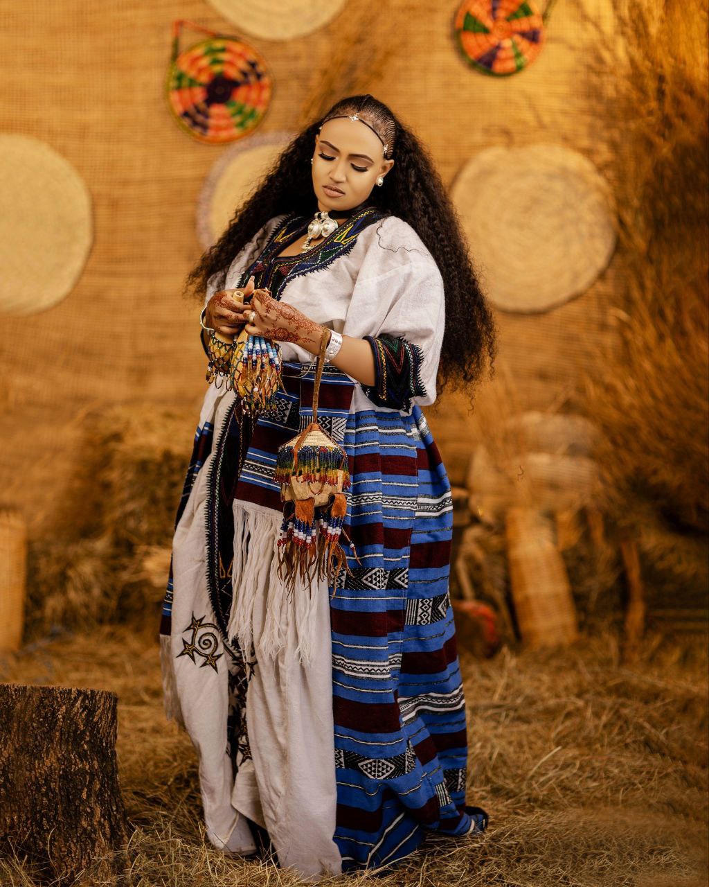 Traditional White Ethiopian Dress Blue & Yellow Embroidery Habesha Kemis Classic Handcrafted Habesha Dress 0063