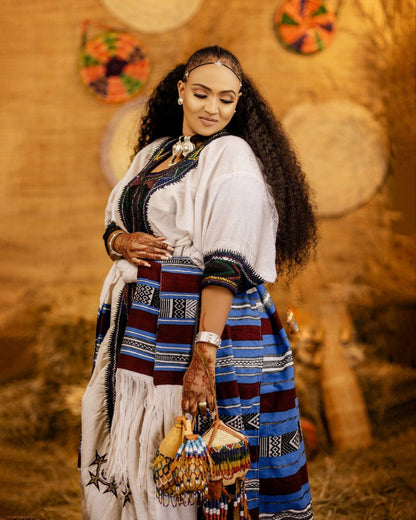Traditional White Ethiopian Dress Blue & Yellow Embroidery Habesha Kemis Classic Handcrafted Habesha Dress 0063