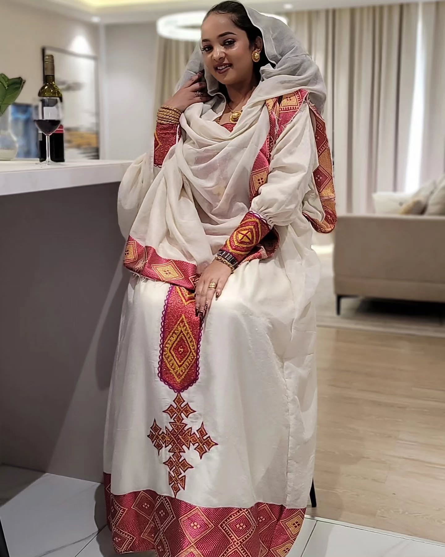 Red & Gold Embroidered Habesha Kemis Traditional Ethiopian Dress for Women Cream Base Accented Habesha Dress 0067