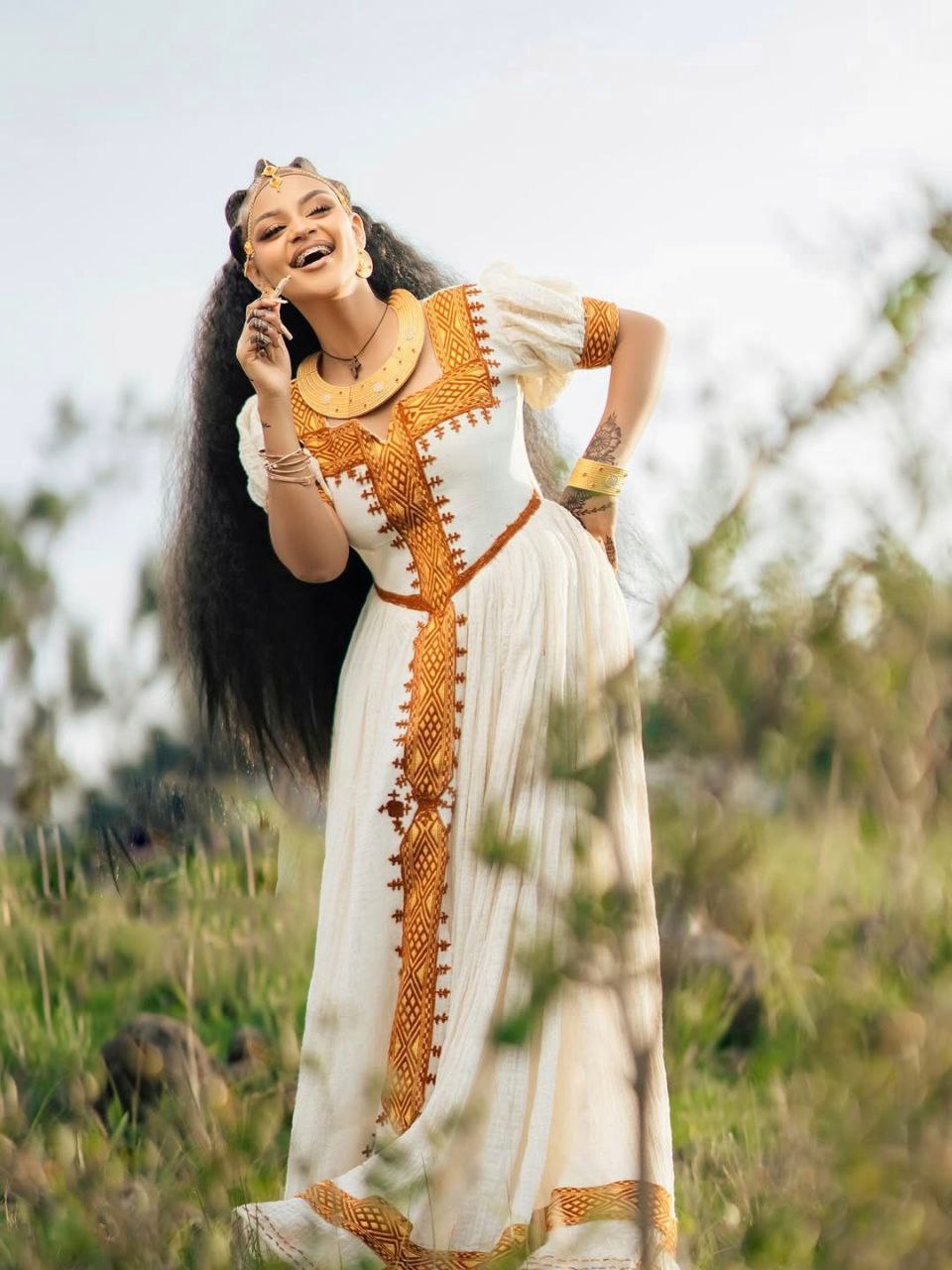 Golden Embroidered Habesha Kemis Traditional White Ethiopian Cultural Dress Classic Habesha Dress For Holidays 0068