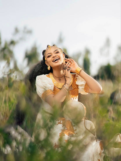 Golden Embroidered Habesha Kemis Traditional White Ethiopian Cultural Dress Classic Habesha Dress For Holidays 0068