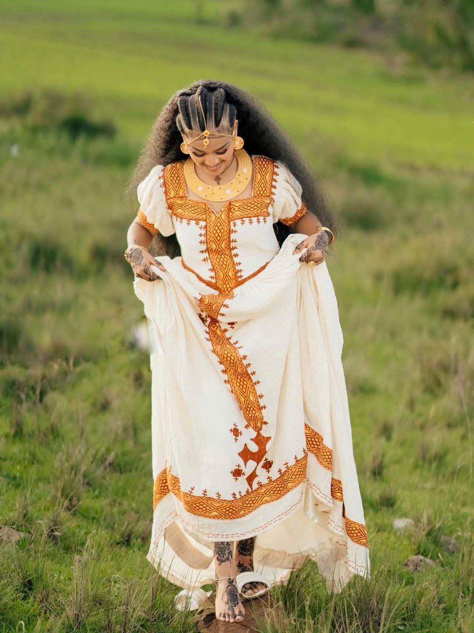 Golden Embroidered Habesha Kemis Traditional White Ethiopian Cultural Dress Classic Habesha Dress For Holidays 0068