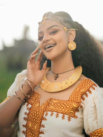 Golden Embroidered Habesha Kemis Traditional White Ethiopian Cultural Dress Classic Habesha Dress For Holidays 0068