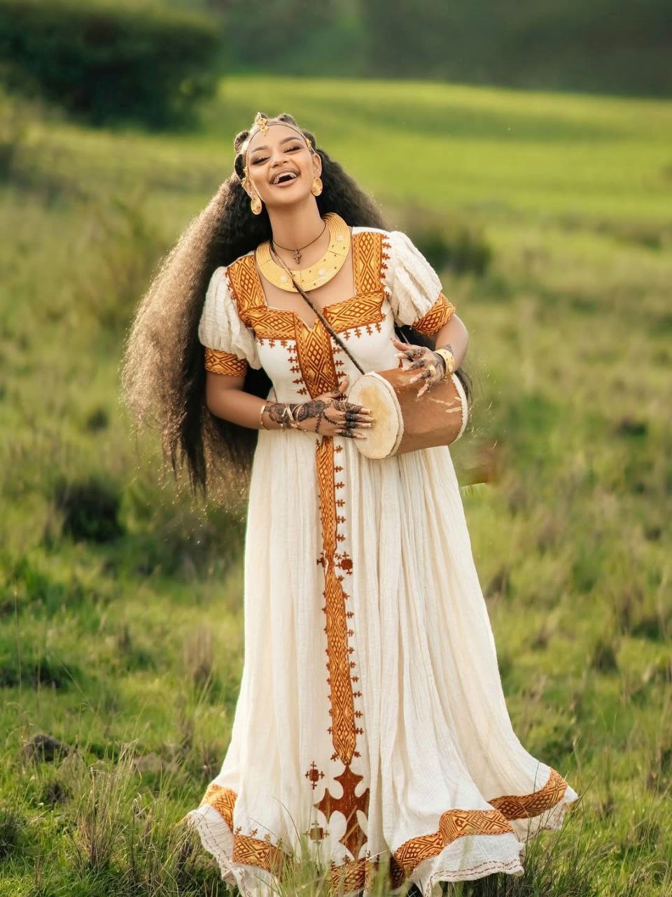 Golden-Embroidered Habesha Kemis  Classic White Ethiopian Cultural Dress
