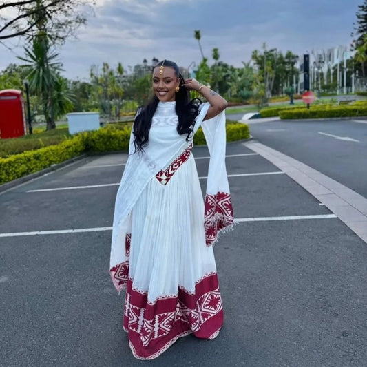 Traditional Ethiopian Habesha Kemis with Red Tibeb Embroidery