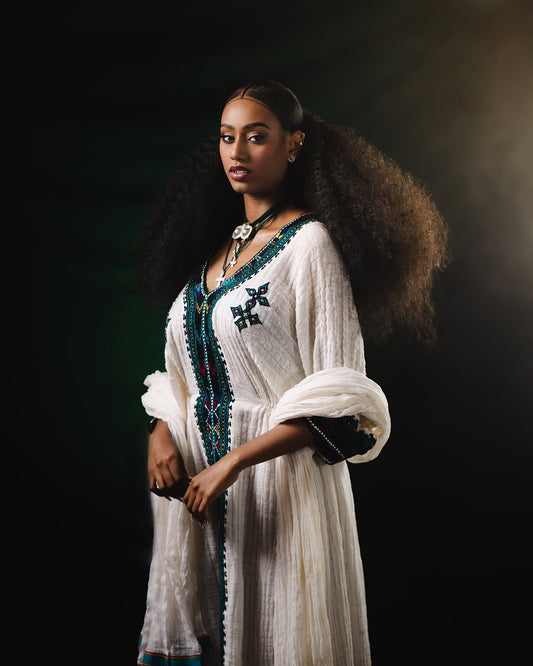Elegant Ethiopian Habesha Kemis with Teal Embroidery – Traditional Dress