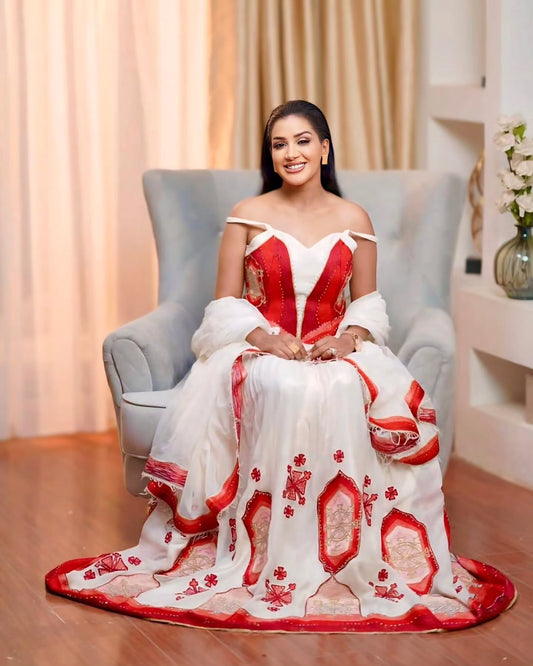 Stylish Habesha Kemis – Modern Ethiopian Traditional Dress in Red & White