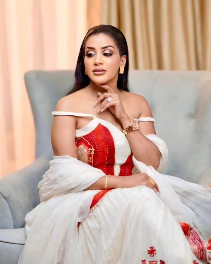 Red And White Habesha Kemis For Wedding Off-Shoulder Ethiopian Cloth Classic Habesha Wedding Dress 0075