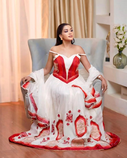 Red And White Habesha Kemis For Wedding Off-Shoulder Ethiopian Cloth Classic Habesha Wedding Dress 0075