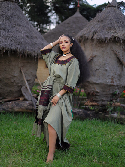 Traditional Ethiopian Cultural Dress Earth-Toned Design Habesha Dress with Netela Handwoven Habesha Kemis 0076