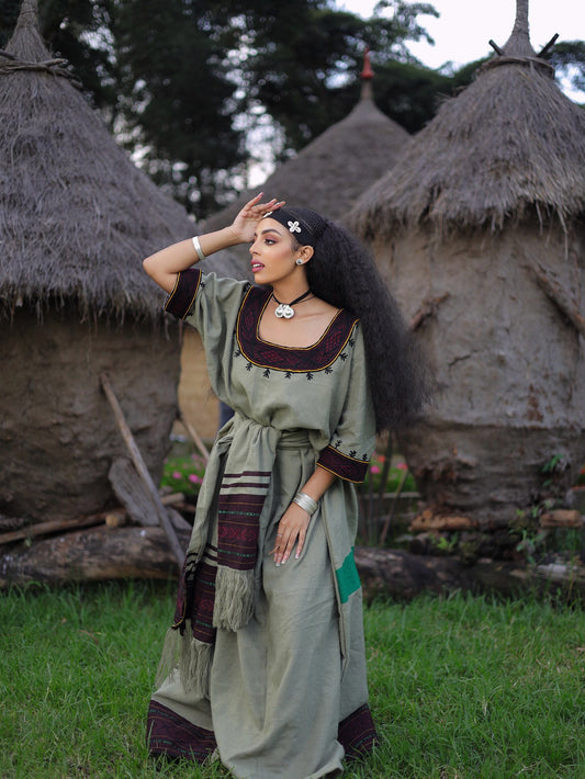 Ethiopian Traditional Dress in Olive Green – Handwoven Heritage Look