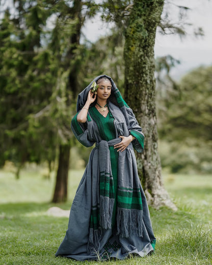 Green and Grey Habesha Kemis Handwoven Ethiopian Traditional Dress Habesha Dress for Special Events 0077