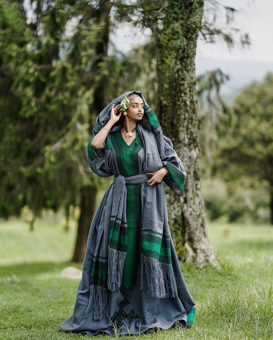 Elegant Green & Grey Ethiopian Traditional Dress for Women