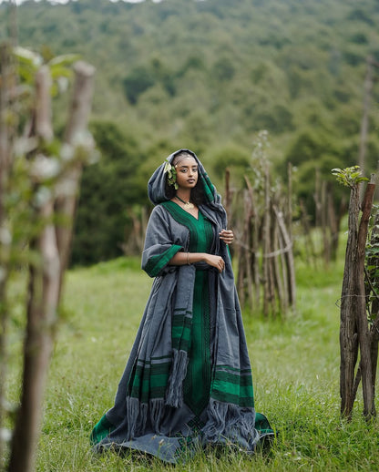 Green and Grey Habesha Kemis Handwoven Ethiopian Traditional Dress Habesha Dress for Special Events 0077