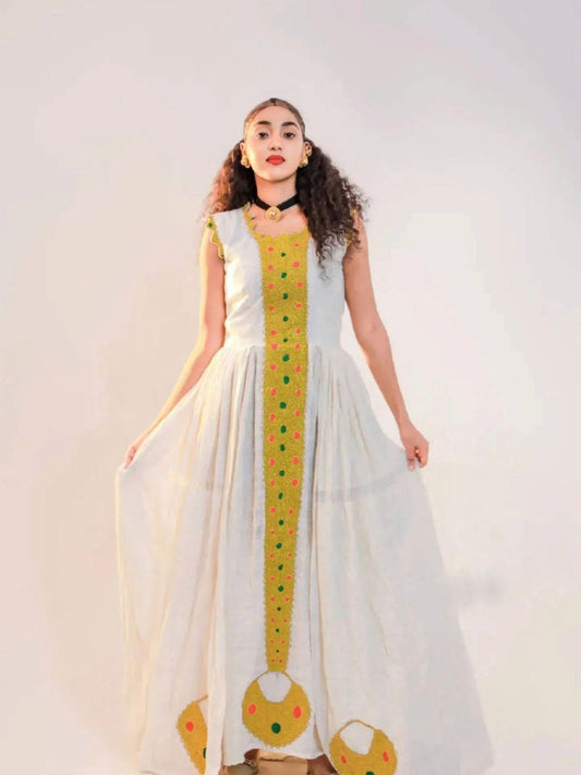 Vibrant Ethiopian Habesha Dress with Yellow & Multicolor Detailing