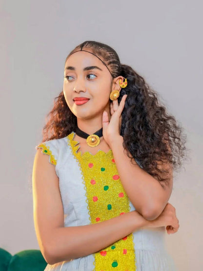 Yellow & Multicolor Detailing Ethiopian Cloth Vibrant Ethiopian Habesha Dress Handwoven White Fabric Habesha Kemis 0082