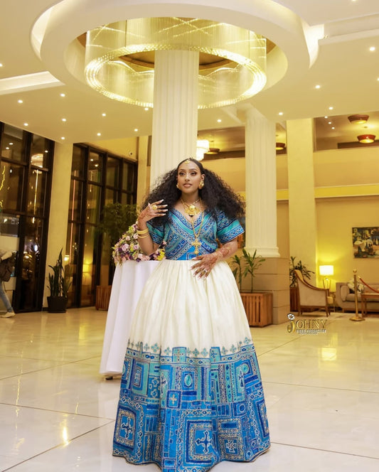 Luxury Ethiopian Traditional Dress with Blue Geometric Embroidery