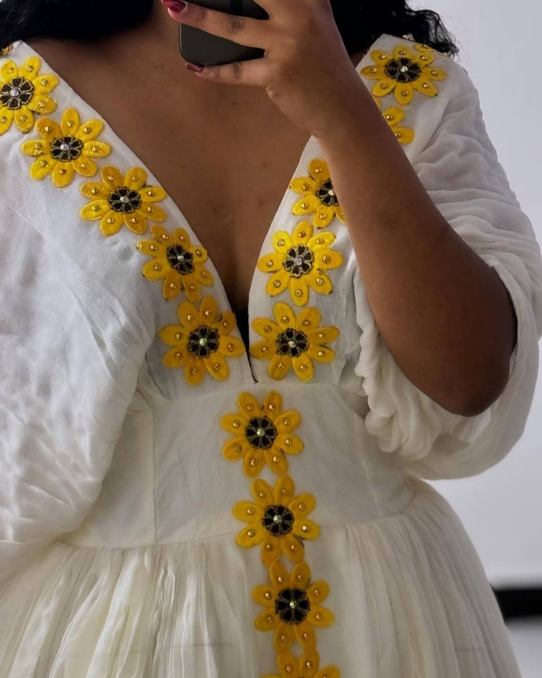 Ethiopian Traditional Dress Yellow Floral Embroidery Habesha Kemis Beautiful Habesha Dress For Enkutatash 0084