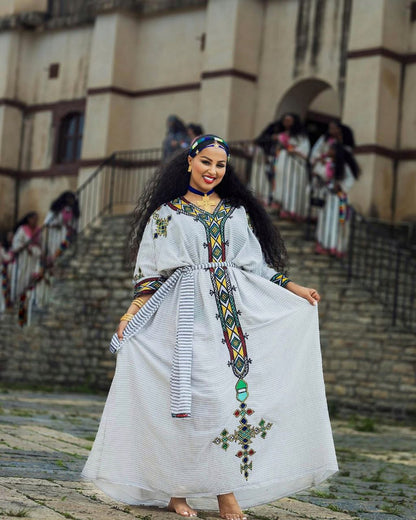 Classic Ethiopian Habesha Kemis with Handwoven Tibeb Embroidery