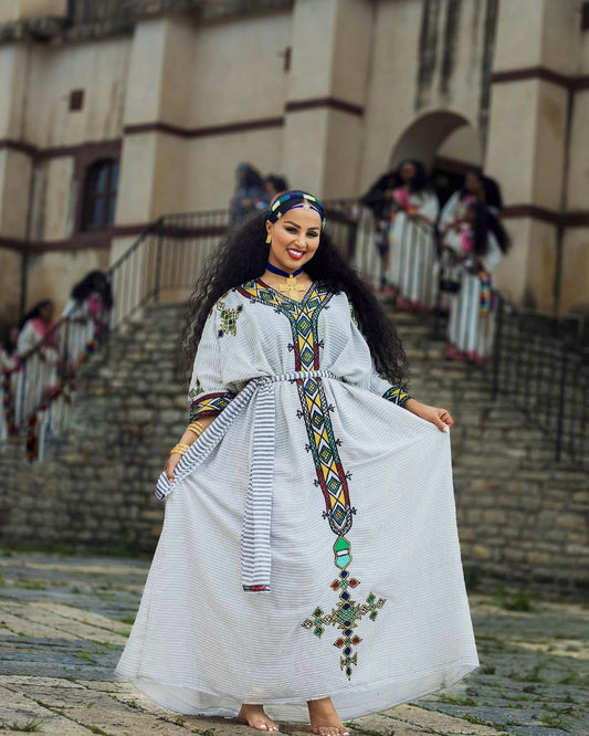 Classic Ethiopian Habesha Kemis with Handwoven Tibeb Embroidery