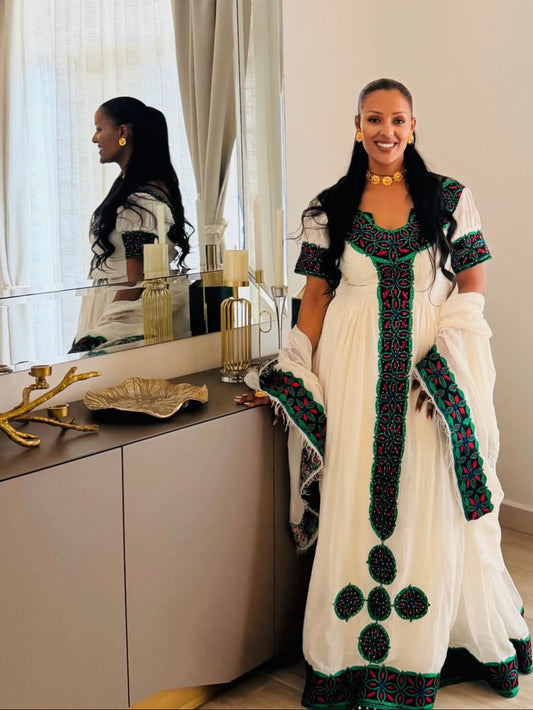 Short Sleeve Habesha Dress With Multicolor 