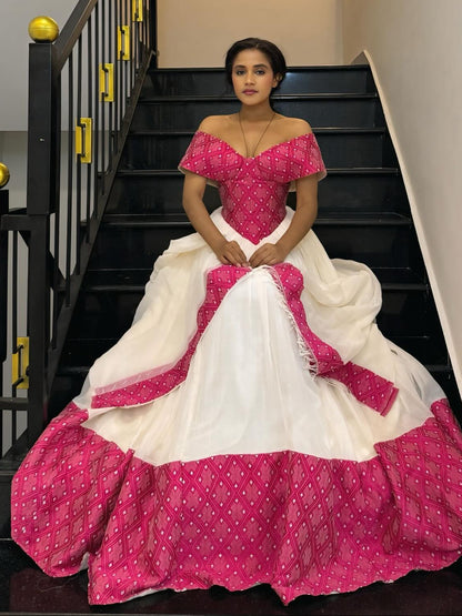 Off-Shoulder Habesha Dress with Red Hem V-Neckline Habesha Kemis  Ethiopian Traditional Dress 769