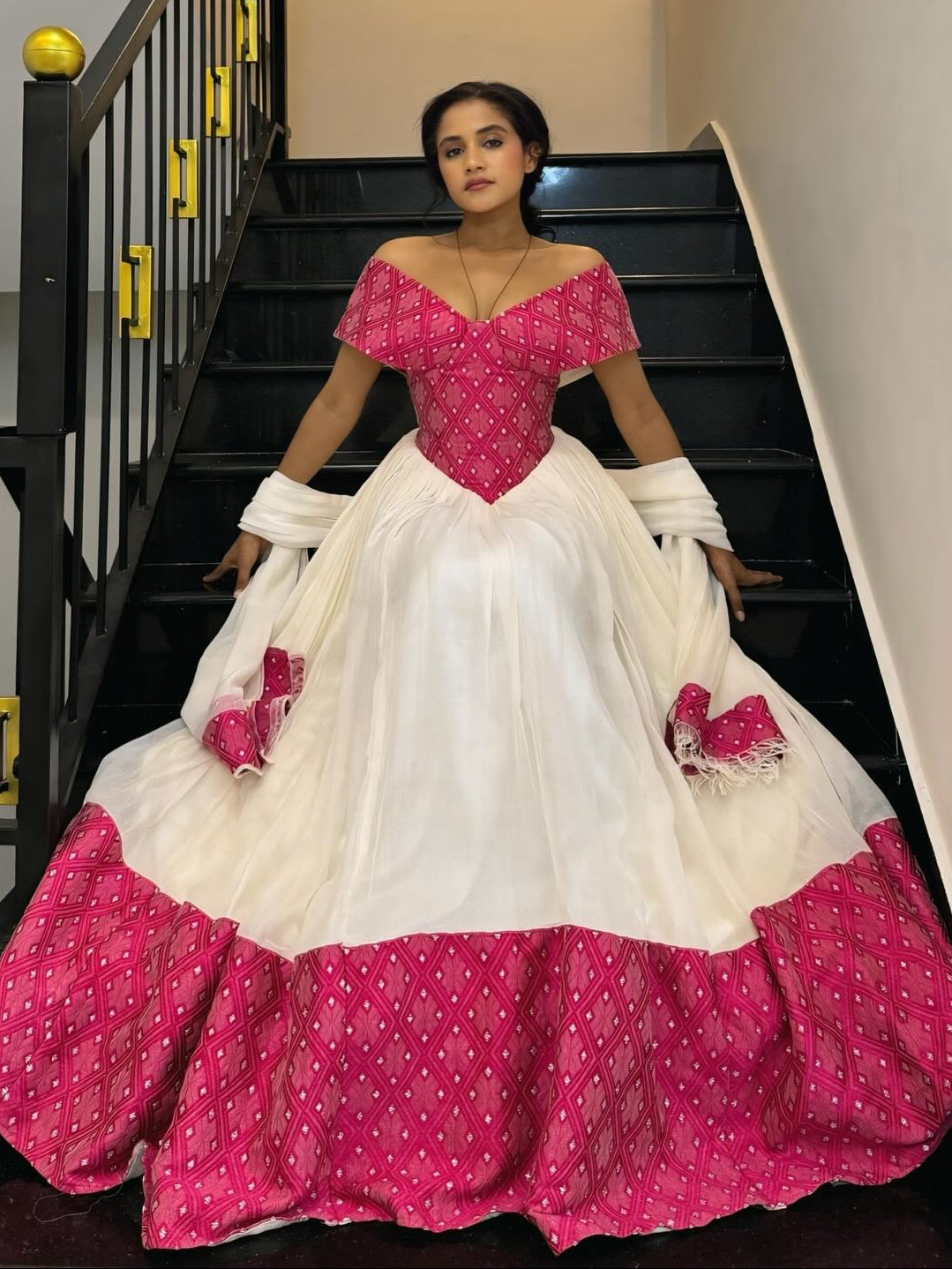 Off-Shoulder Habesha Dress with Red Hem V-Neckline Habesha Kemis  Ethiopian Traditional Dress 769