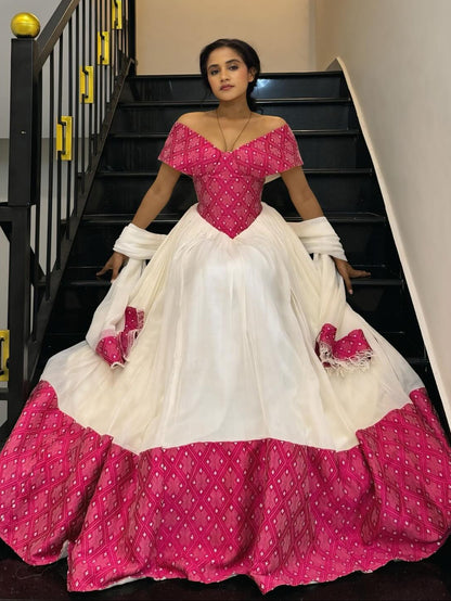 Off-Shoulder Habesha Dress with Red Hem V-Neckline Habesha Kemis  Ethiopian Traditional Dress 769