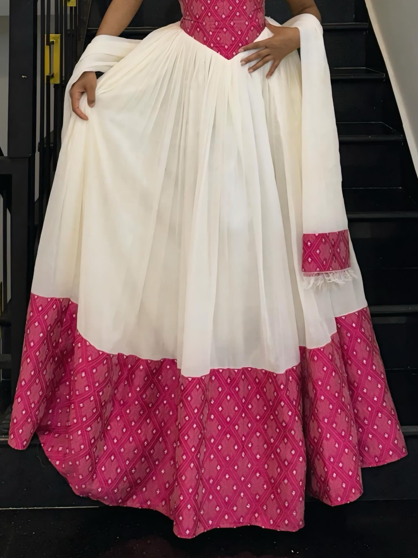Off-Shoulder Habesha Dress with Red Hem V-Neckline Habesha Kemis  Ethiopian Traditional Dress 769
