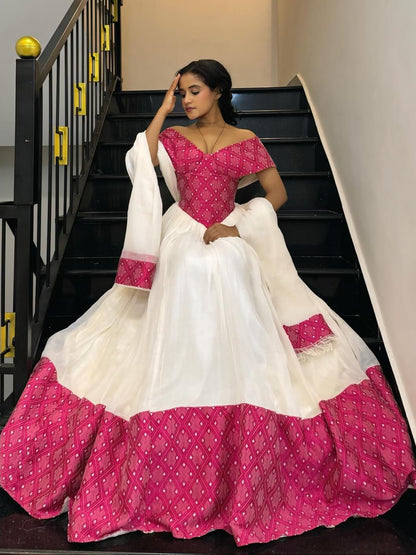Off-Shoulder Habesha Dress with Red Hem V-Neckline Habesha Kemis  Ethiopian Traditional Dress 769
