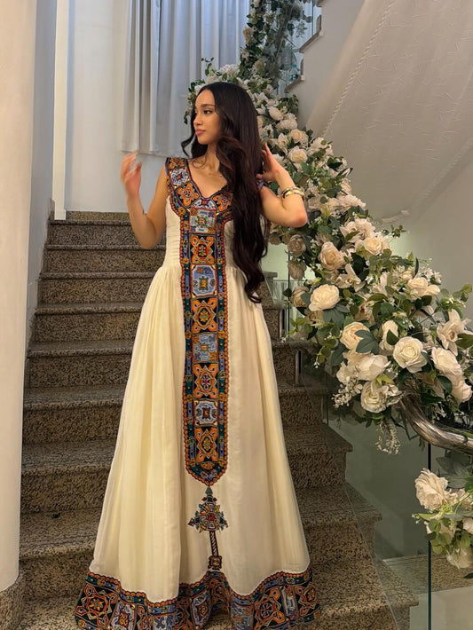 Multicolor Embroidery Habesha Dress Sleeveless Habesha Kemis V-Neckline Ethiopian Dress 