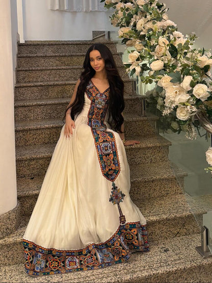 Multicolor Embroidery Habesha Dress Sleeveless Habesha Kemis V-Neckline Ethiopian Dress 771