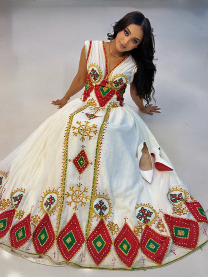 Magnifique robe Habesha rouge brodée Traditionnel Habesha Kemis Magnifique robe éthiopienne pour toute occasion 772