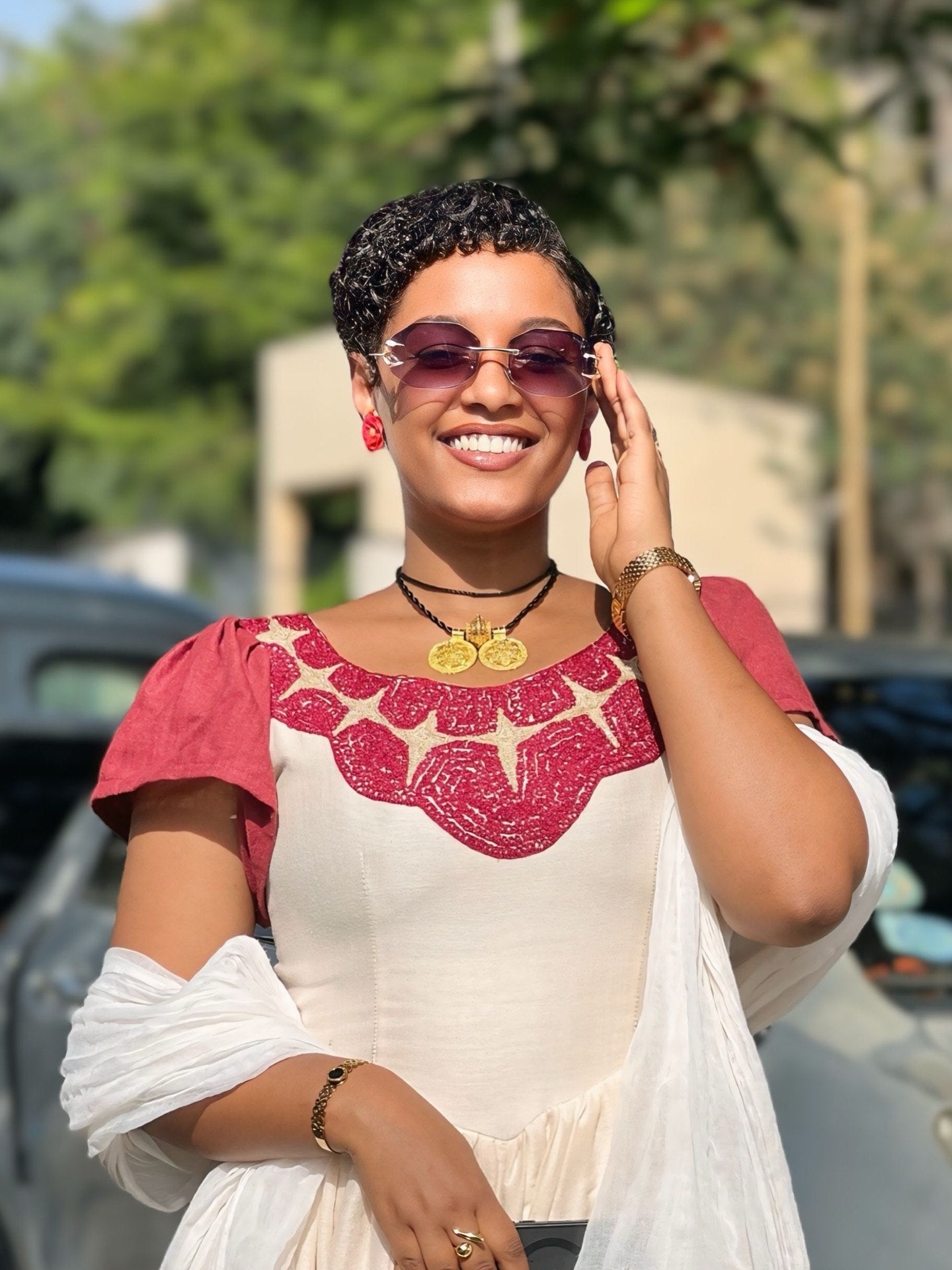 Robe Habesha tissée rouge, manches courtes, charmante robe traditionnelle éthiopienne Habesha Kemis 773