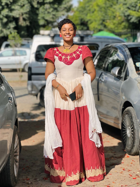 Elegant Habesha Kemis Red Woven Style Charming Habesha Dress Ethiopian Traditional Clothing