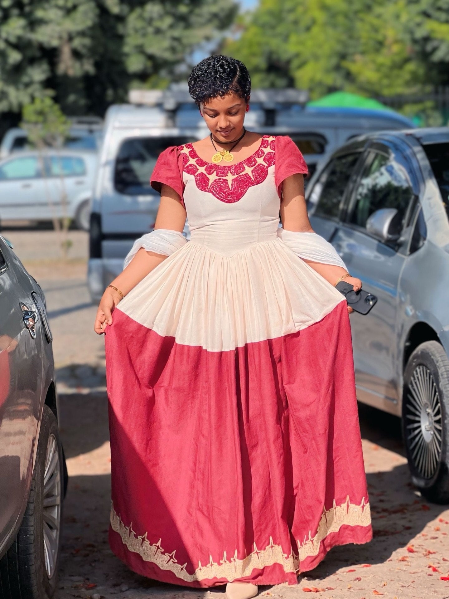 Robe Habesha tissée rouge, manches courtes, charmante robe traditionnelle éthiopienne Habesha Kemis 773