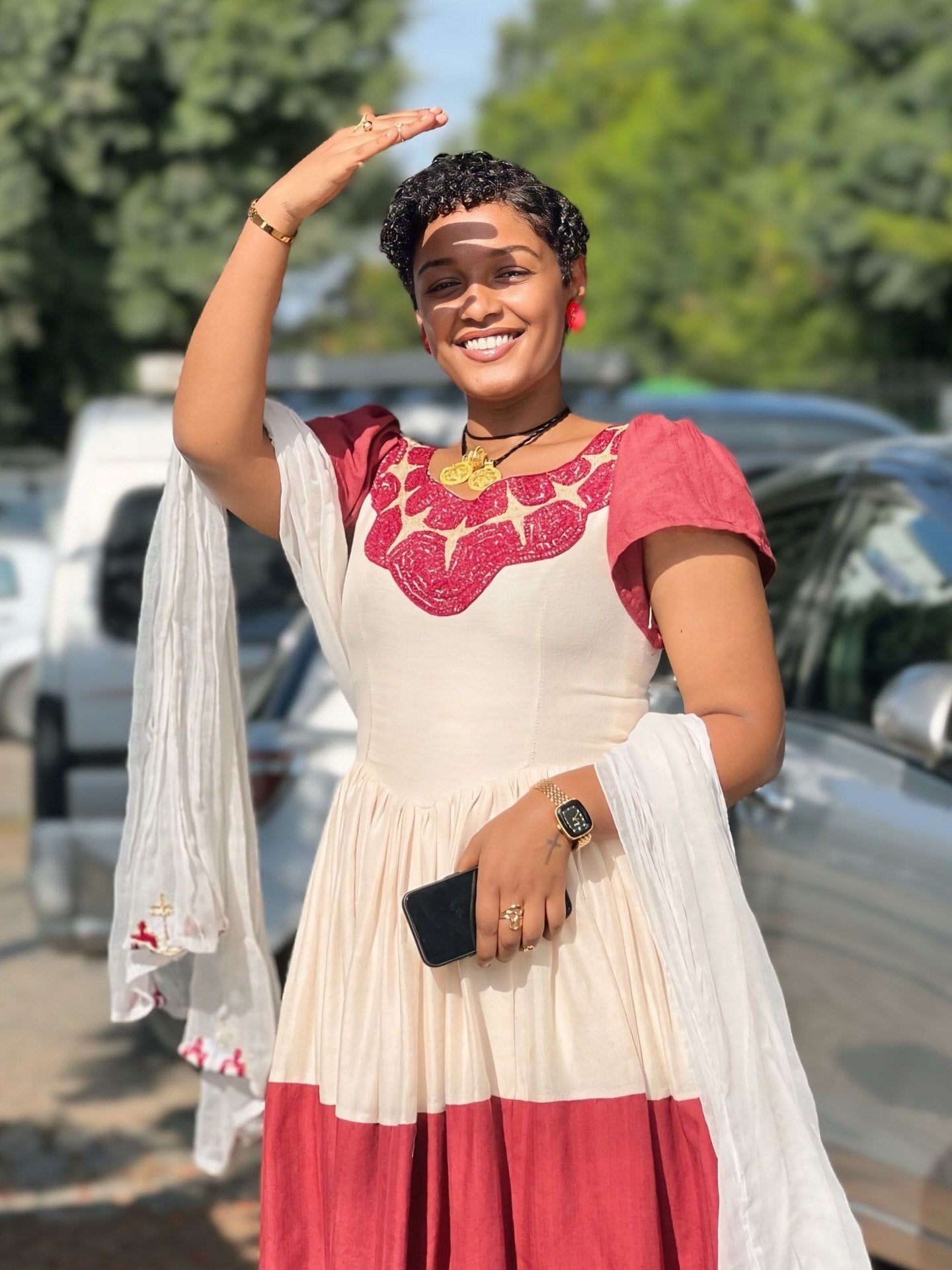 Robe Habesha tissée rouge, manches courtes, charmante robe traditionnelle éthiopienne Habesha Kemis 773