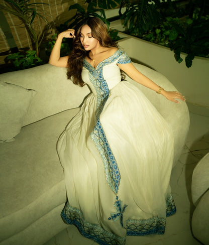 Stylish Ethiopian Clothing Blue Embroidered Habesha Dress Modern Off-Shoulder Habesha Kemis 774